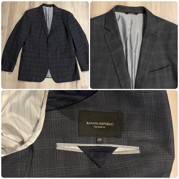 Banana Republic Tailored Fit Wool Blazer Size 42R Italian Fabric Blue Windowpane